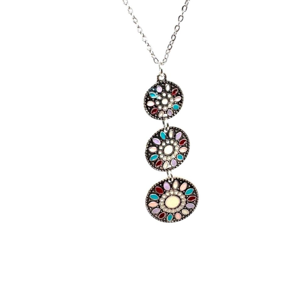 Indio Jewelry Three Tiered Enamel Sterling Silver Necklace Chain #7056